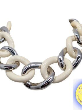 Vintage 1980s Signed Givenchy Rhodium & Ivory Enamel Link Collar Necklace